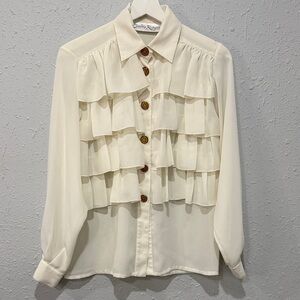 Vintage Chic Cream Victorian Ruffled Tiered Flouncy Blouse